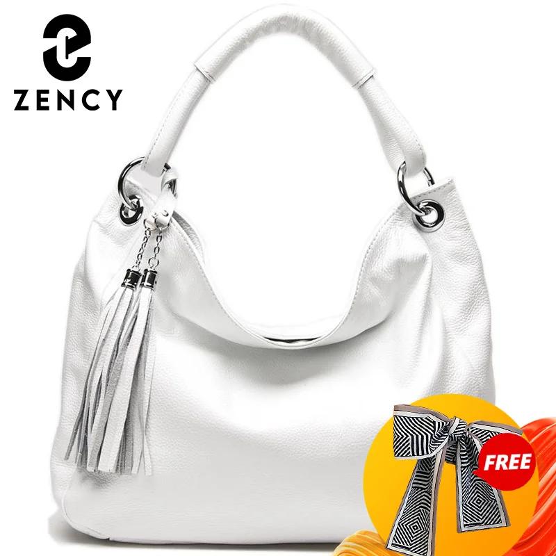 Zency-Sac à main en cuir véritable avec pompon pour femme, sac à main à bandoulière pour femme, noir