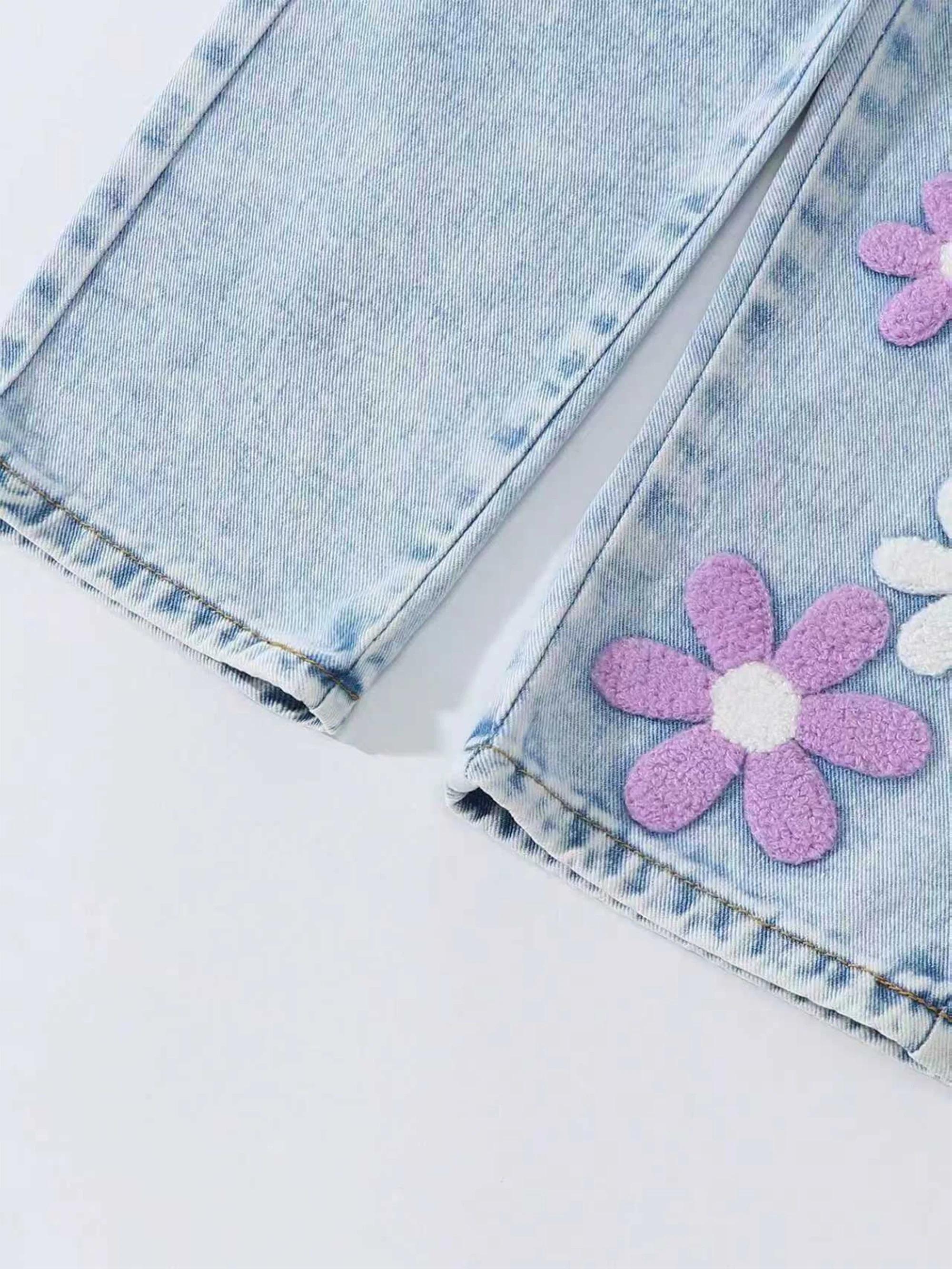 Jean en denim à pois pour filles, imprimé floral, tendance, taille ample, pantalon décontracté polyv