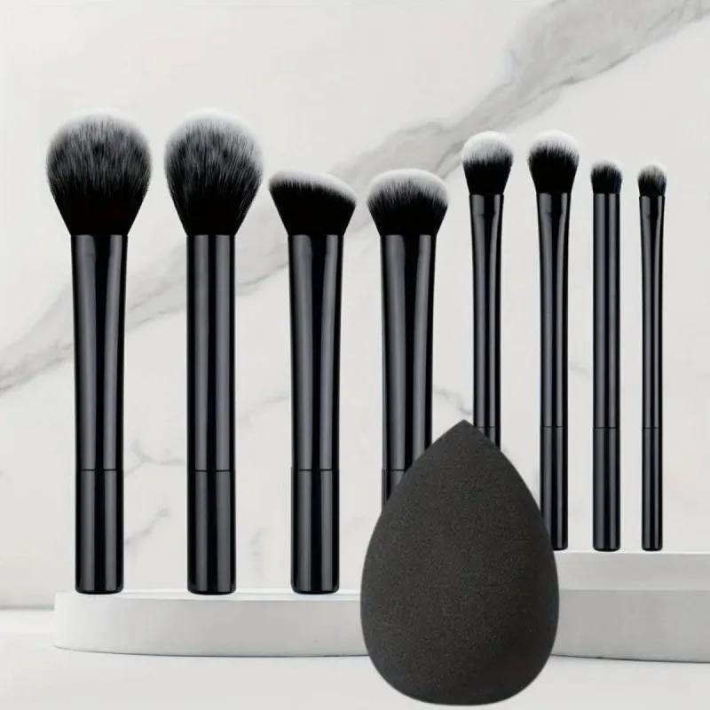 Ensemble de pinceaux de maquillage noirs multifonctionnels, 9 pièces, avec 1 œuf de beauté, poils so