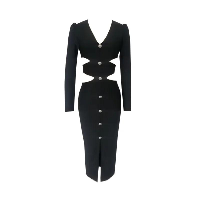 Robe mi-longue à bandes pour femmes, col en V, fendue, découpée, élégante, moulante, Sexy, mode, man