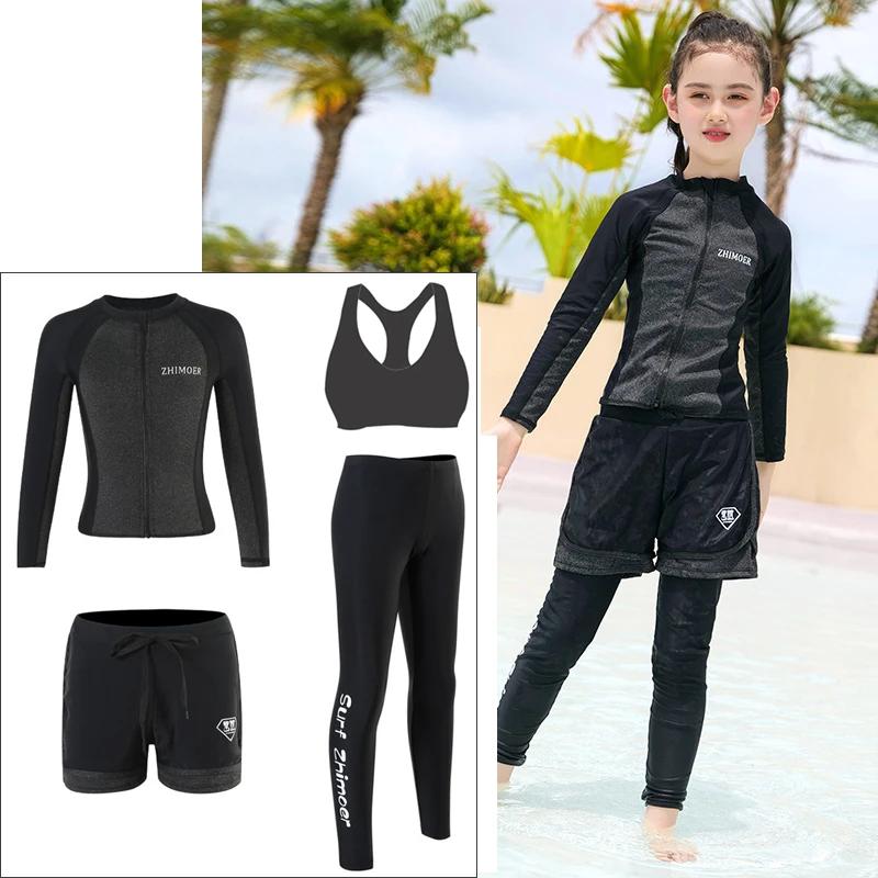 Filles jeunesse à manches longues maillot de bain quatre pièces anti-éruption maillot de bain hauts 