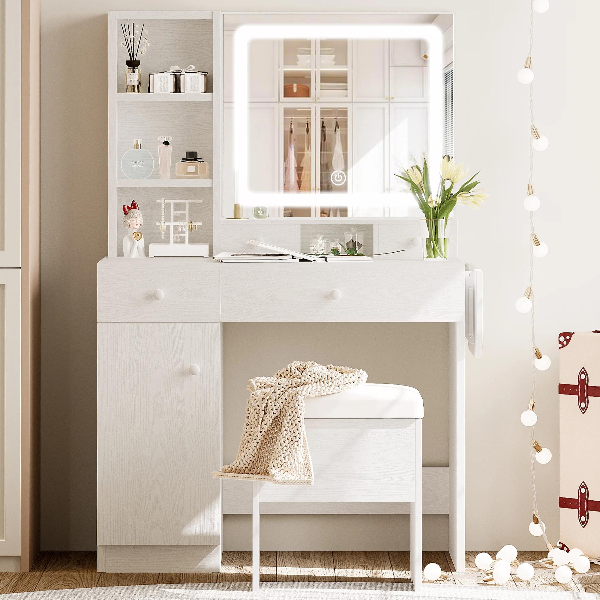 LIKIMIO-Bureau de courtoisie avec miroir 4.2 par LED, prise de courant et armoire, tabouret de range
