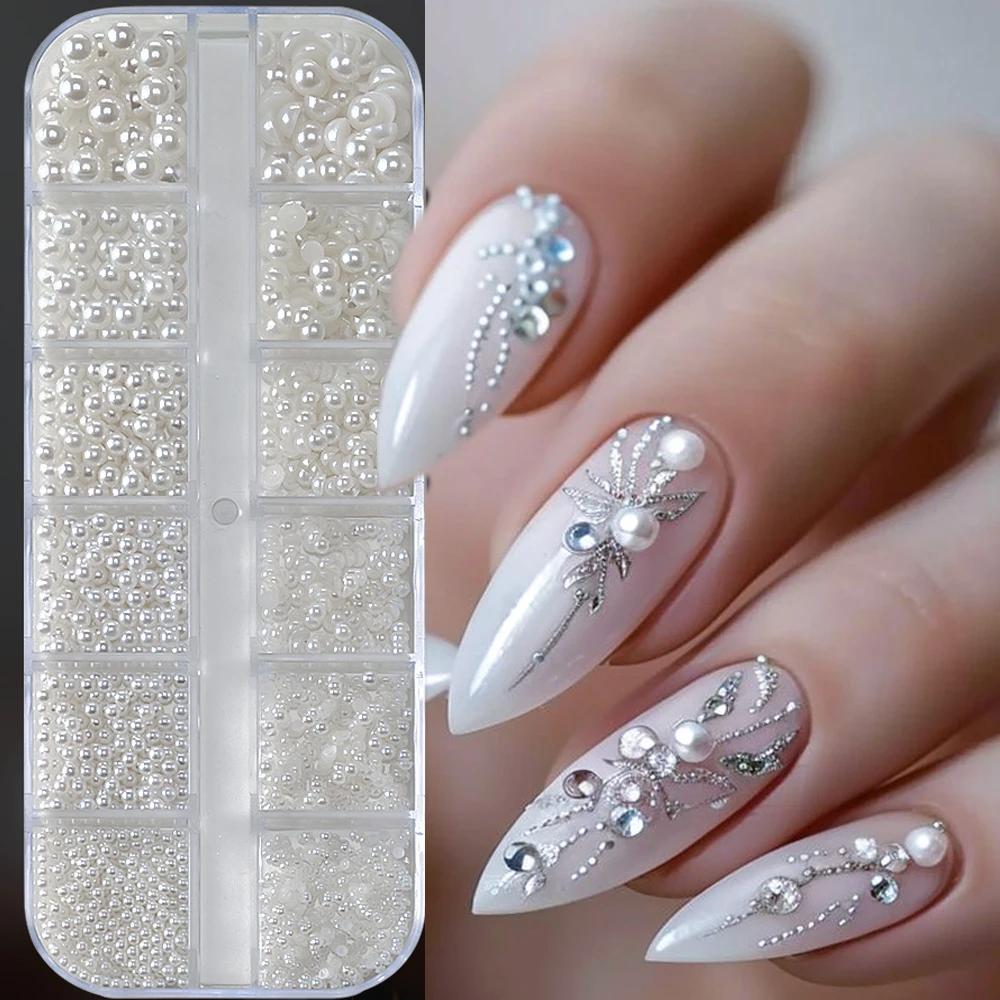 12 grilles mixtes de perles blanches pour ongles, breloques rondes ou demi-cercles 3D, strass pour N