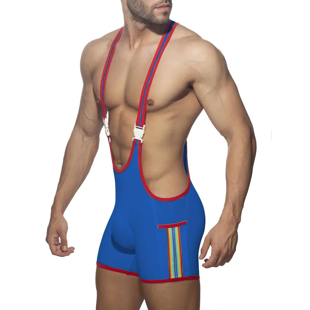 Sous-vêtements de body sexy à rayures arc-en-ciel pour hommes, slips de boxeur de lutte, combinaison