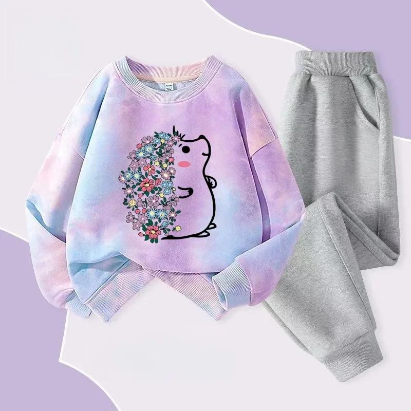 Automne bébé fille cravate colorant vêtements ensemble dessin animé imprimé pull sweats haut et pant