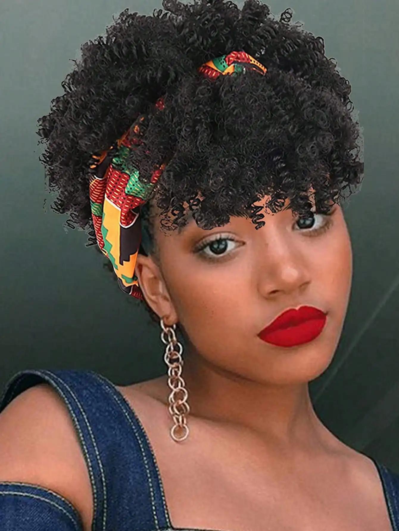 Perruque de cheveux bouclés pour femmes noires avec foulard et pompon, perruque enveloppée 2 en 1, p