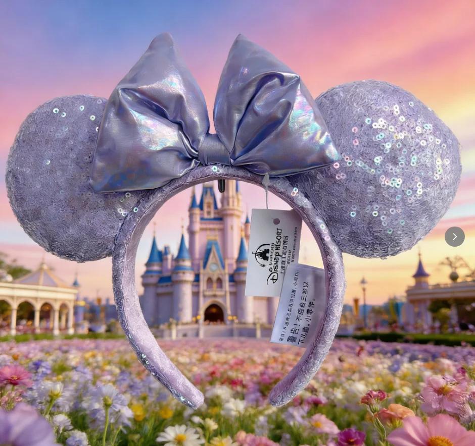 Bandeau oreilles Disney Minnie Mouse avec nœud à paillettes violettes, cerceau pour cheveux Cosplay 