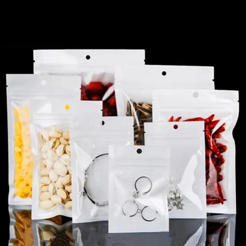 100 sacs d'emballage transparents blancs à fermeture éclair pour DIY, logo, snacks, bonbons, coques 