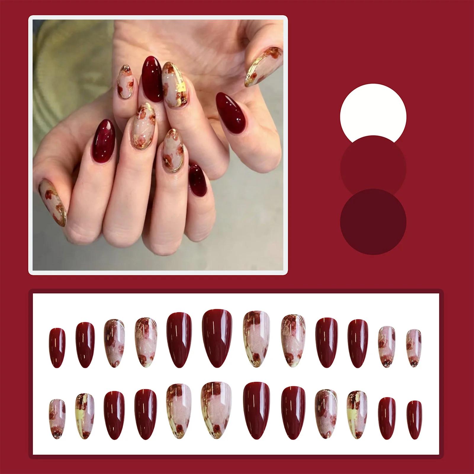 24 pièces ambre Rose faux ongles presse sur ongles avec peinture à l'huile motifs de fleurs longue a