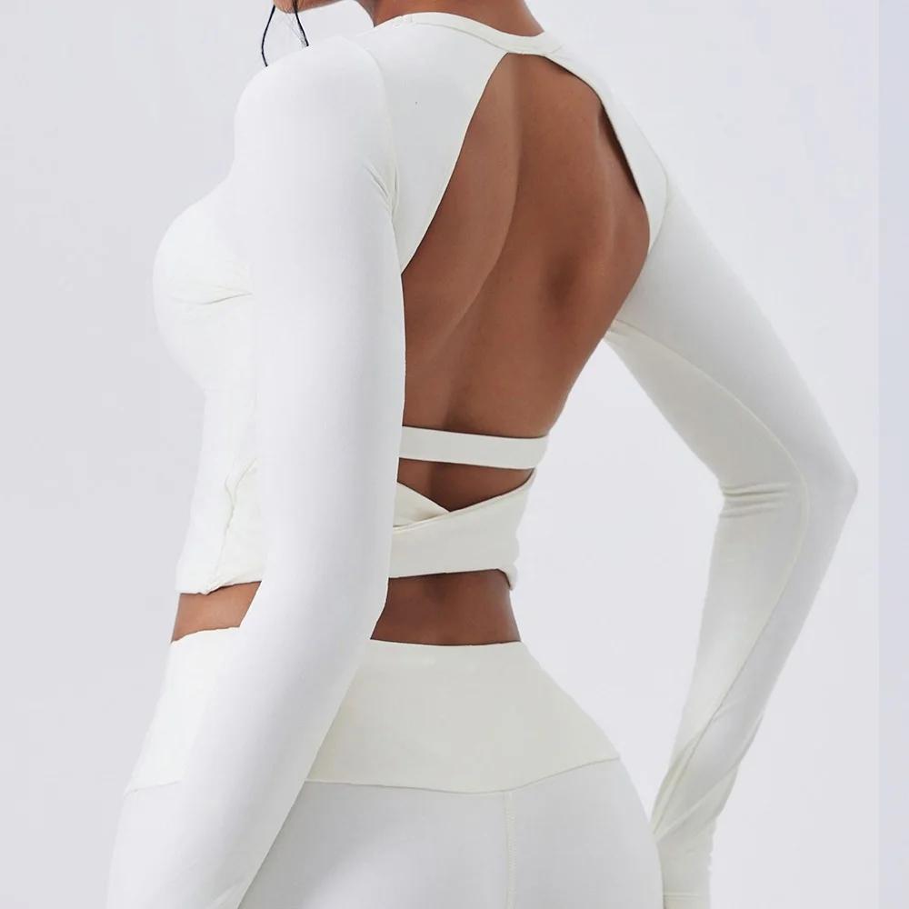 Chemise de yoga Cloud Hide SEXY dos nu gris pour femmes, manches longues, chemisier de Pilates, haut