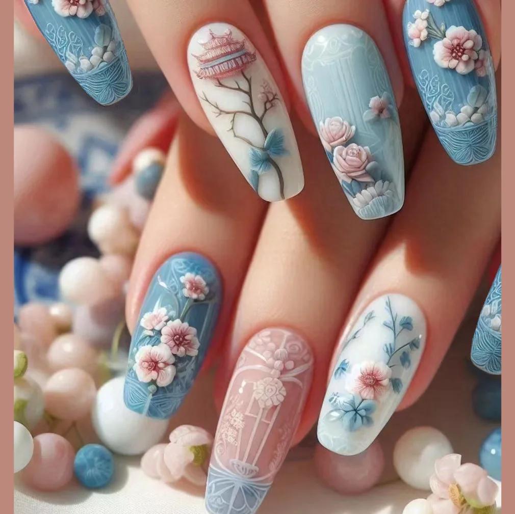24 pièces ensembles de faux ongles portables fleur rose longue cercueil faux ongles fini mode paille