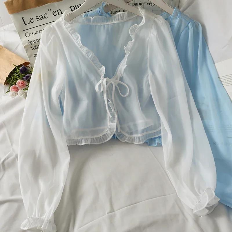 Manches longues mince respirant T-shirts femmes dentelle nœud Cardigan Blouse vêtements volants prot