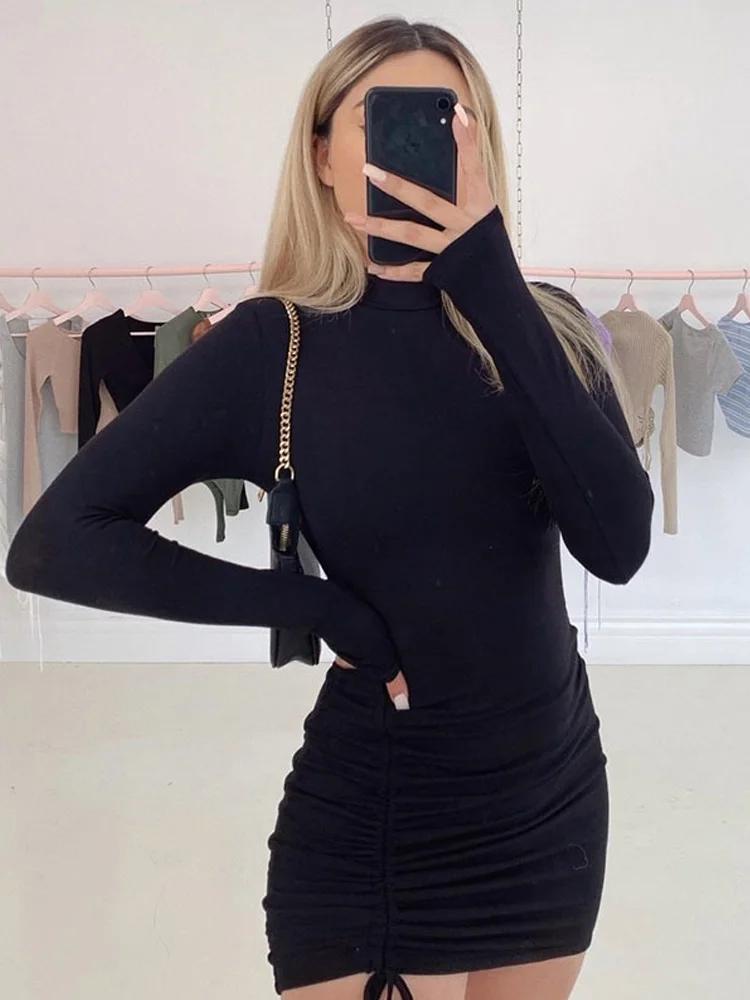 Robe moulante froncée à manches longues pour femmes, col roulé, Mini robe à bandes, noire, slim, ext