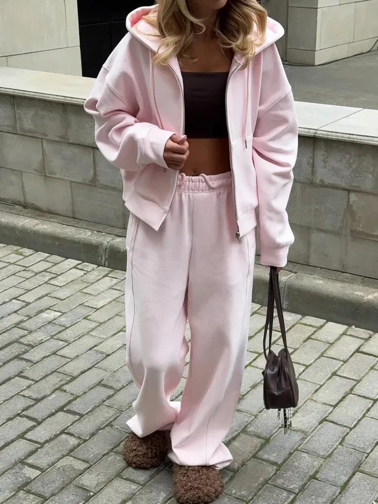 Magnifiques ensembles de survêtements pour femmes avec fermeture éclair et capuche, pantalon rose, e