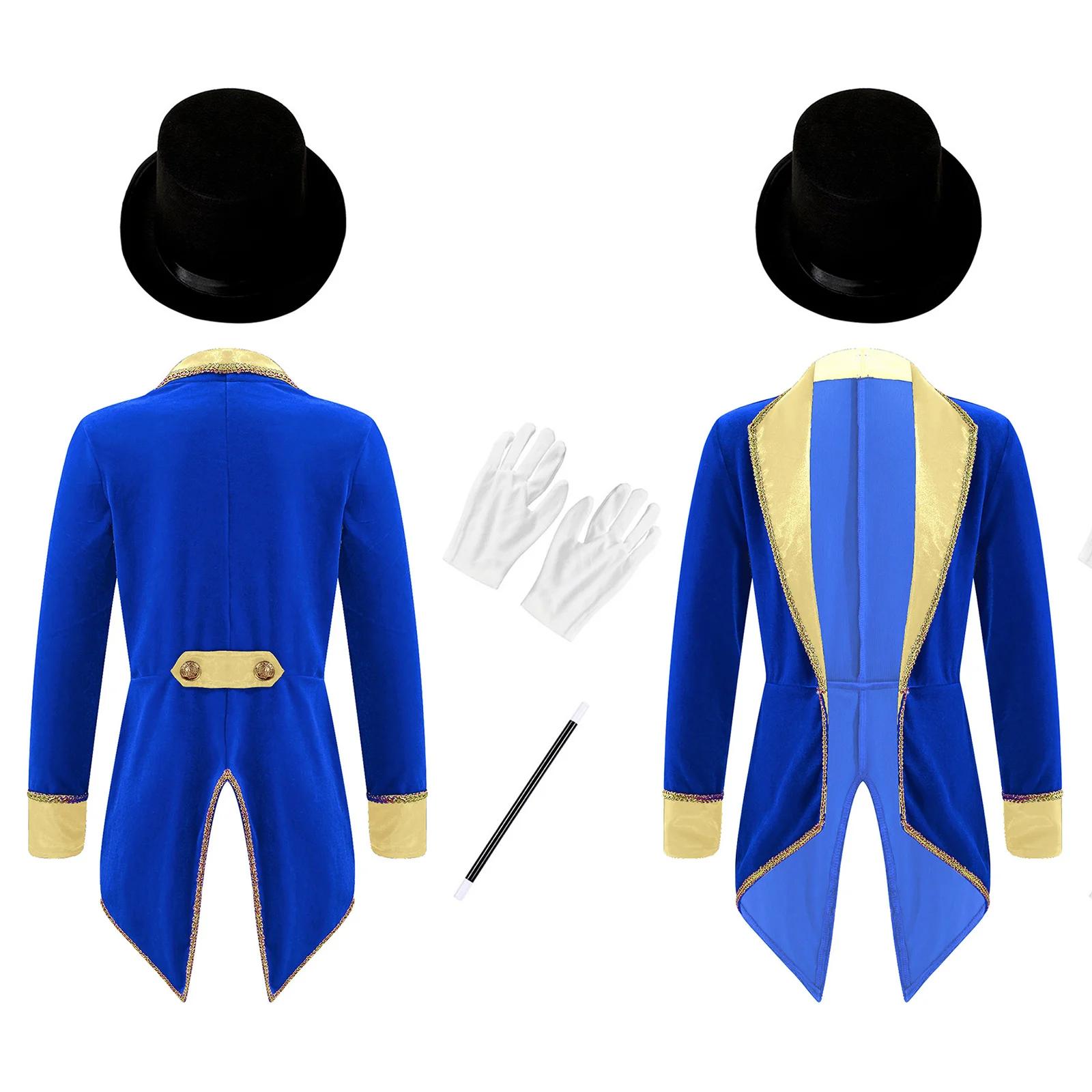 Costume de cirque pour enfants, maître de cérémonie ou magicien, veste longue à revers en velours, p