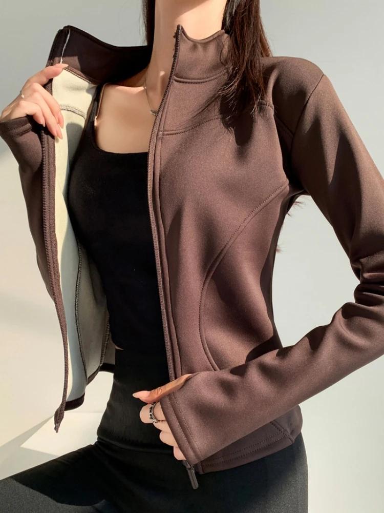 Veste slim fit à manches longues pour femme, manteau polaire chaud et épais avec fermeture éclair co