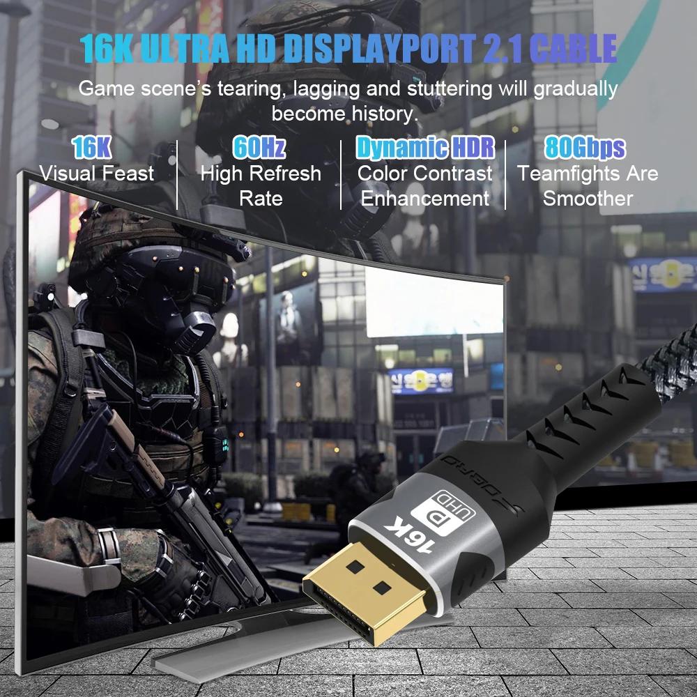 Câble DisplayPort 16K DP 2.1, 16k@30Hz, 8K@60Hz, 4K@144Hz, prise en charge HBR3, 80 Gbit/s, HDCP 2.2