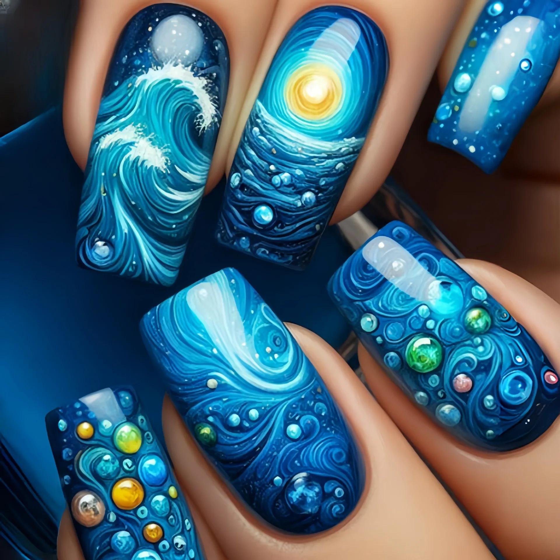 Faux Ongles Mi-Longs à la Mode, Papillon, Plume, Forêt, Vague de Mer, Dégradé, Bleu, Violet, Vert, P