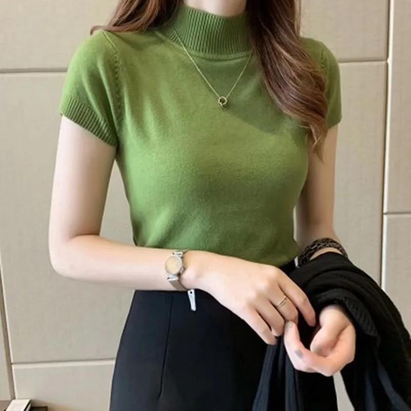 T-Shirt à col mi-haut pour femmes, pull à la mode, hauts décontractés, Style coréen, vêtements éléga