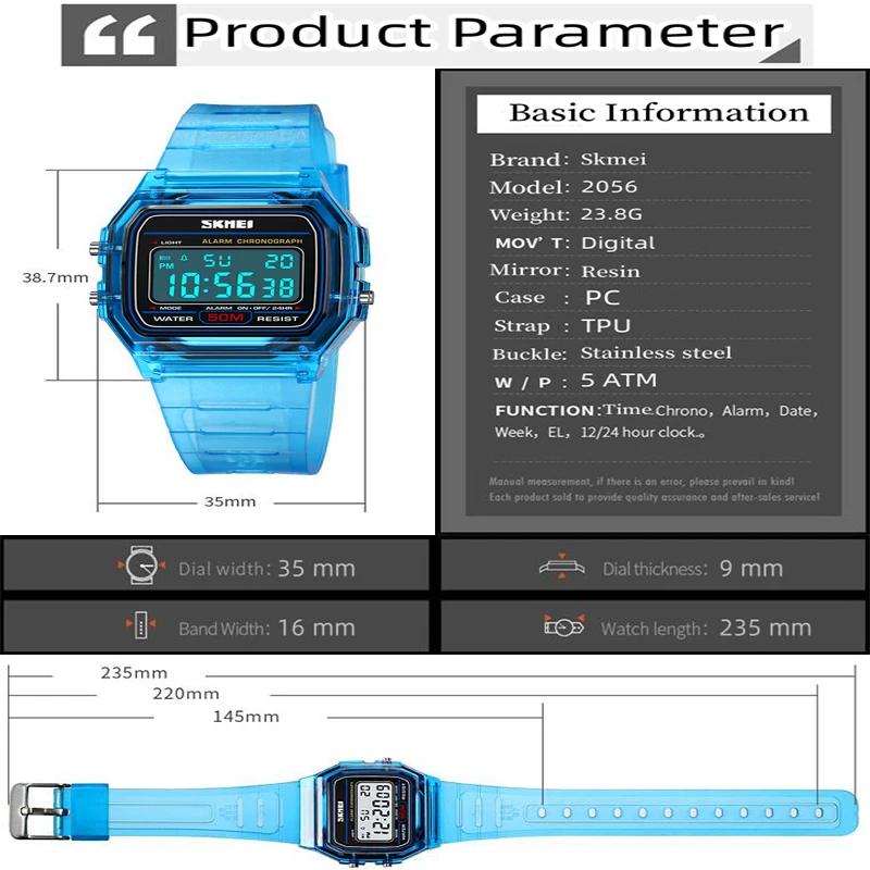 Skmei-Montres numériques étanches pour femmes, boîtier transparent, bracelet en TPU, LED, montre-bra