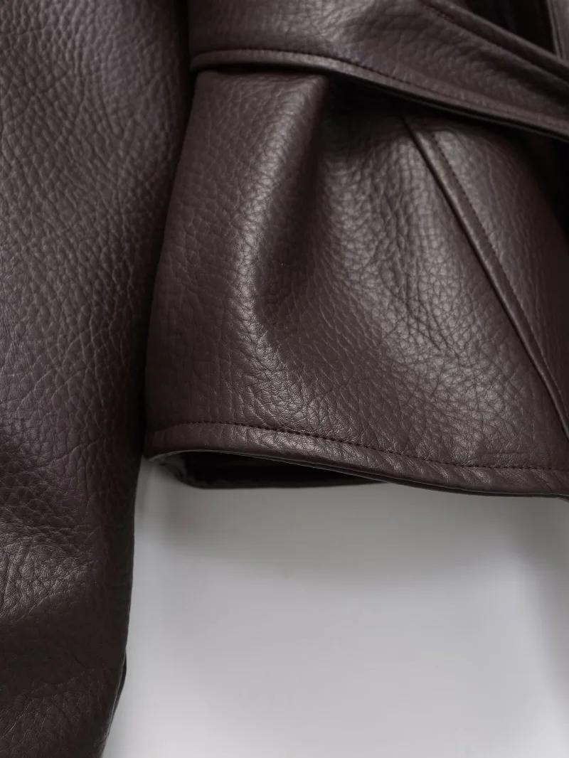 Veste Courte Ceinturée en Similicuir PU Vintage pour Femme ETJ, Col Montant, Collection Printemps 20