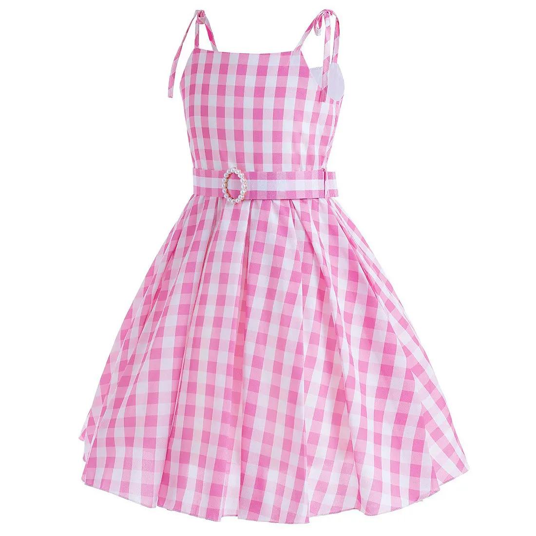 Robe d'été rose bébé sans manches à carreaux et fines bretelles pour fille, style cow-boy, inspirée 