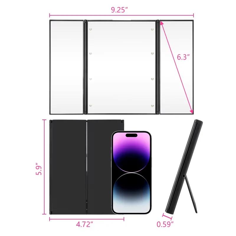 Miroir de maquillage Portable à trois côtés LED, Design pliable, miroir cosmétique de vanité de voya