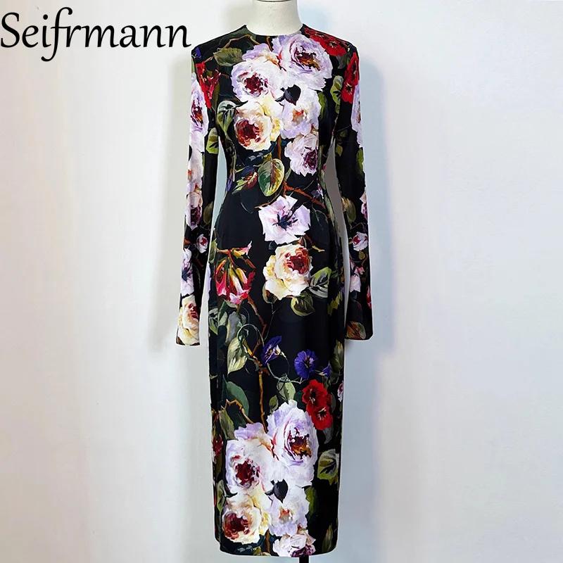 Seifrmann – robe en soie pour femmes, Style Sexy, manches longues, imprimé Vintage, coupe cintrée, p