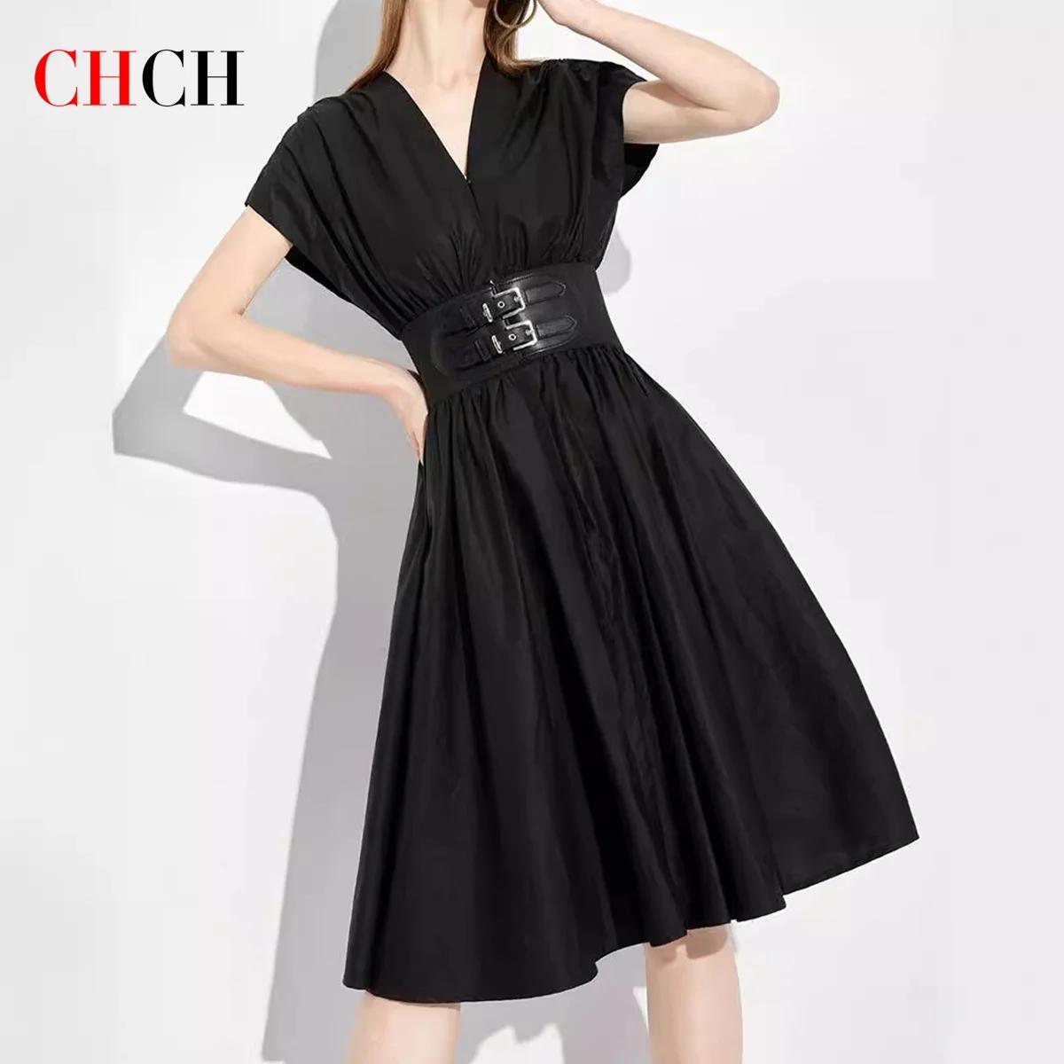 CHCH – robe longue pour femmes, col en v, sans manches, taille haute, Slim, noire, tenue de fête d'a