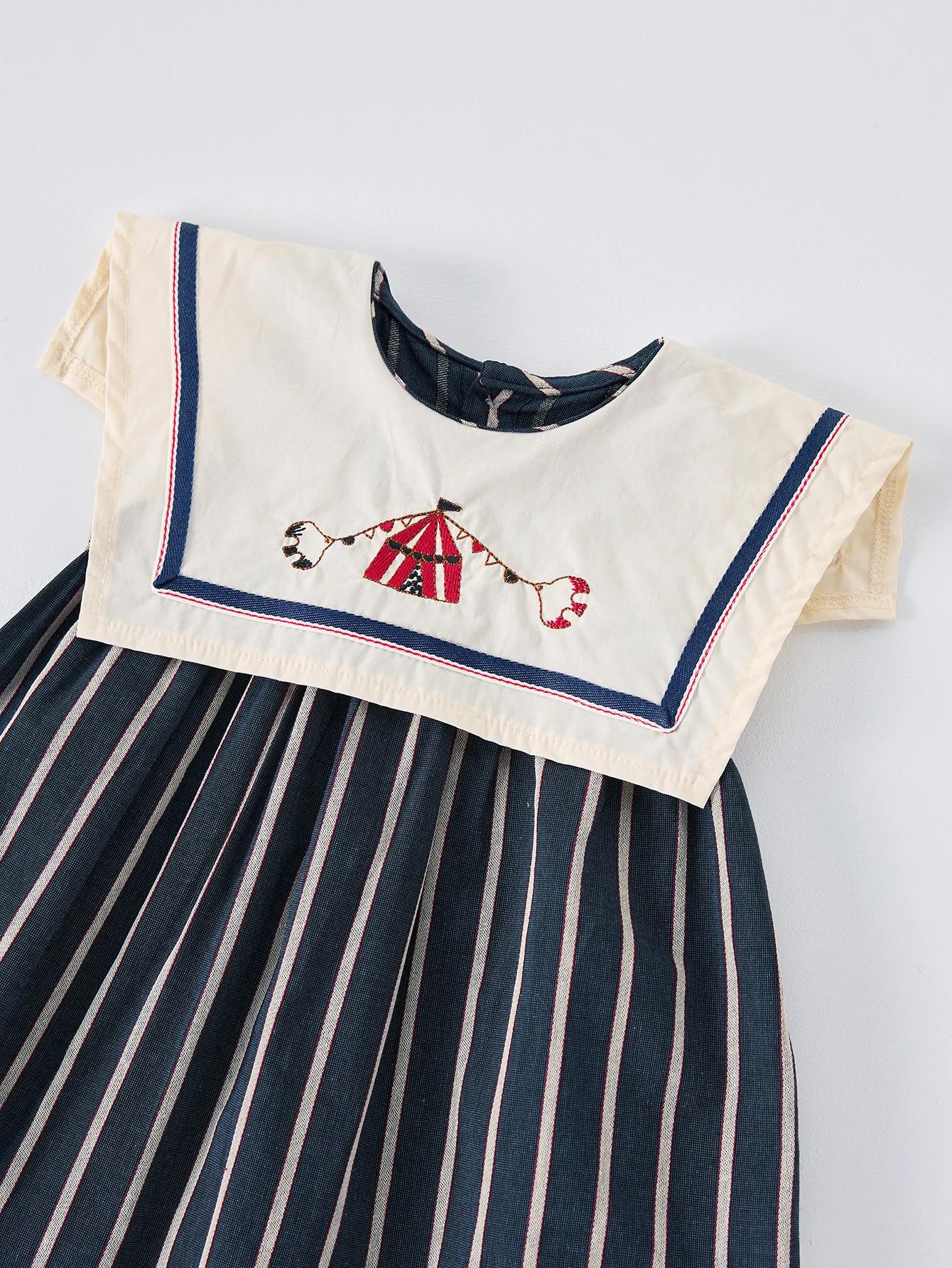 Robe d'été décontractée pour filles, jupe rayée à grand revers, sans manches, brodée