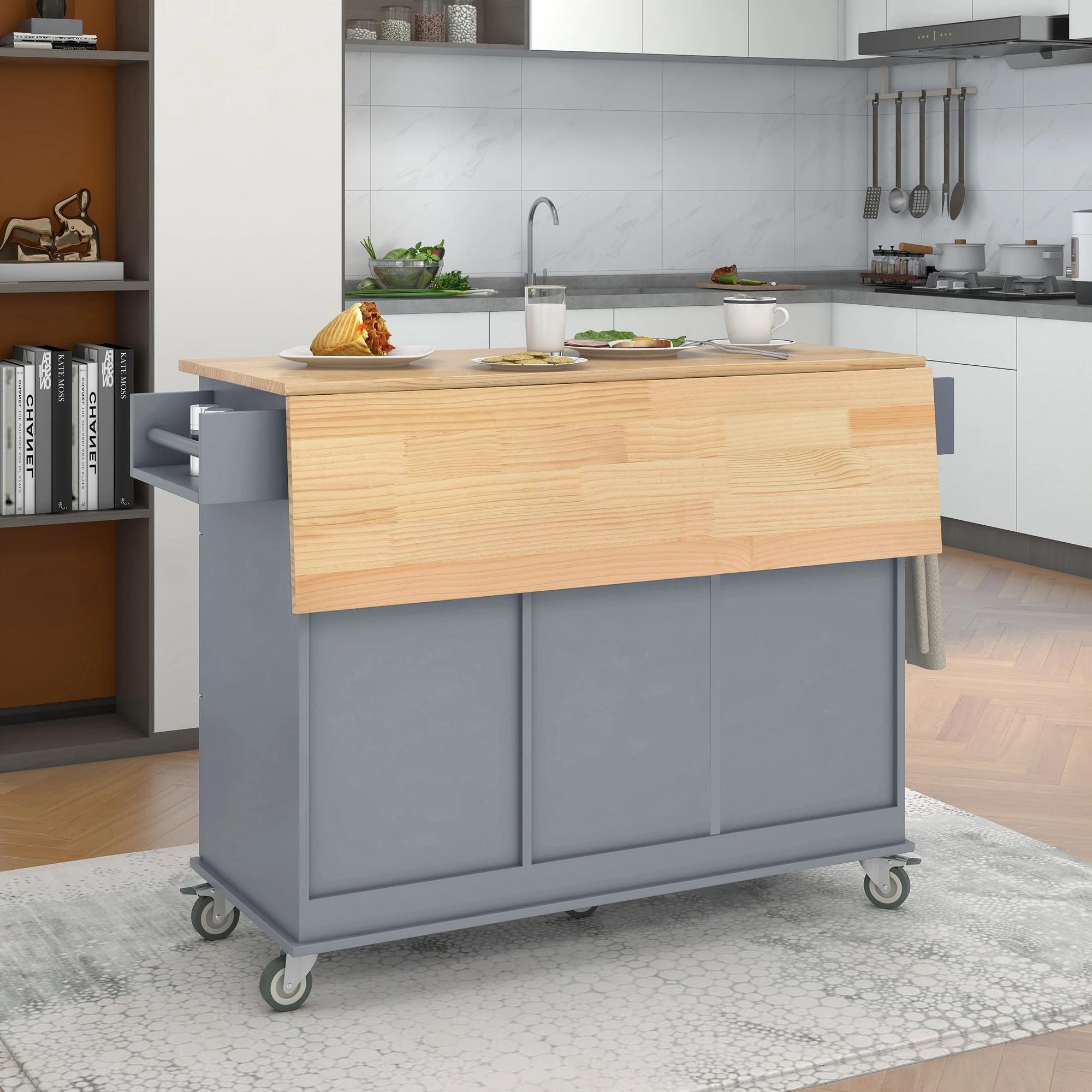 Îlot de cuisine mobile roulant avec plateau en bois massif et roues de verrouillage, armoire de rang