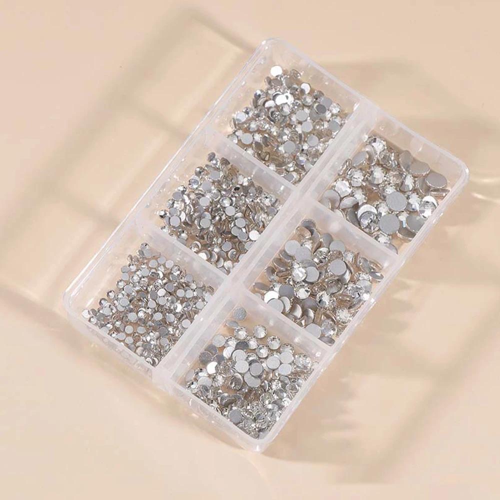 1 boîte de Strass pour ongles en cristal AB multi-tailles, pierres précieuses en diamant clair à fon