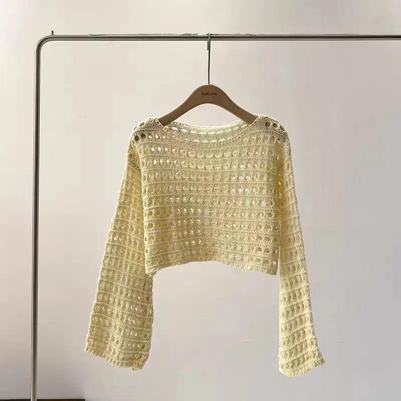 Haut en tricot au Crochet à manches longues pour femmes, Cover-Up pour Bikini de plage, pull court e