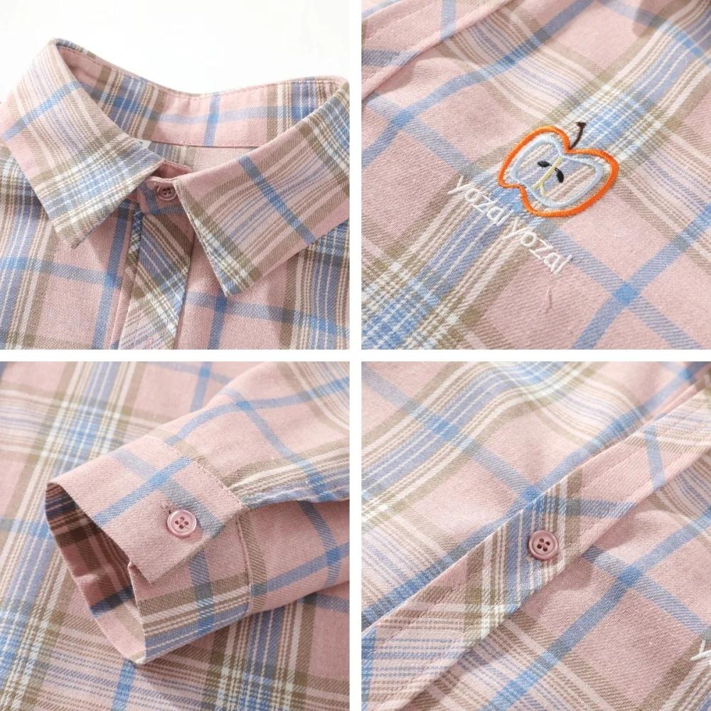 Chemisier à carreaux oversize pour femme avec broderie pomme – Blouses et chemises décontractées ten