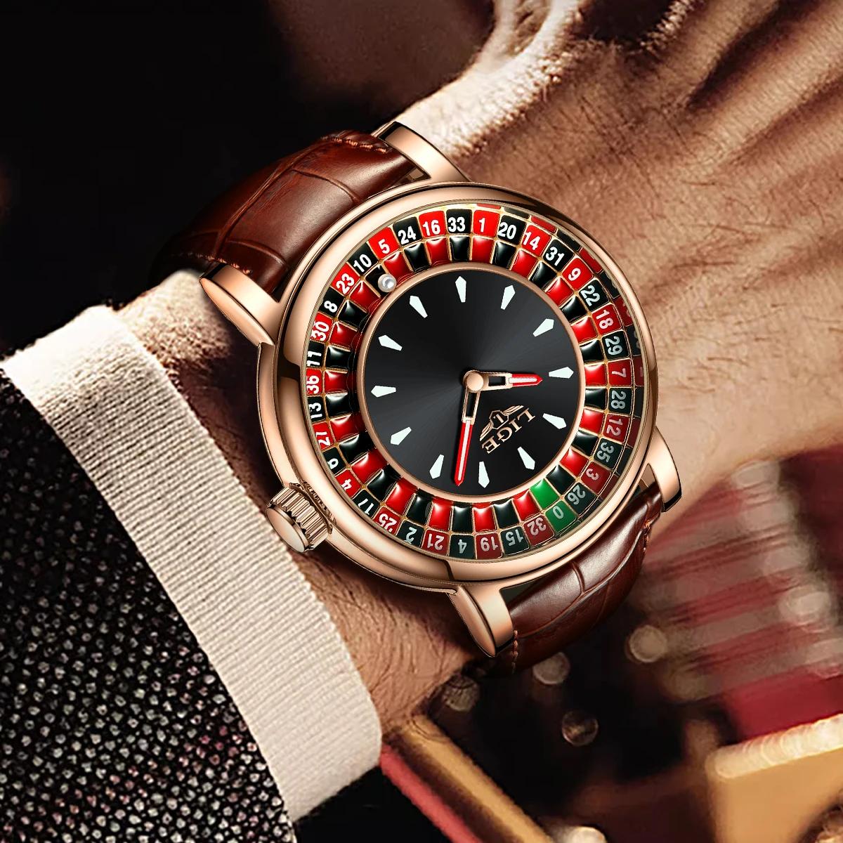 LIGE mode cuir marron hommes montre cadran rotatif Las Vegas Roulette bureau thème montre hommes éta