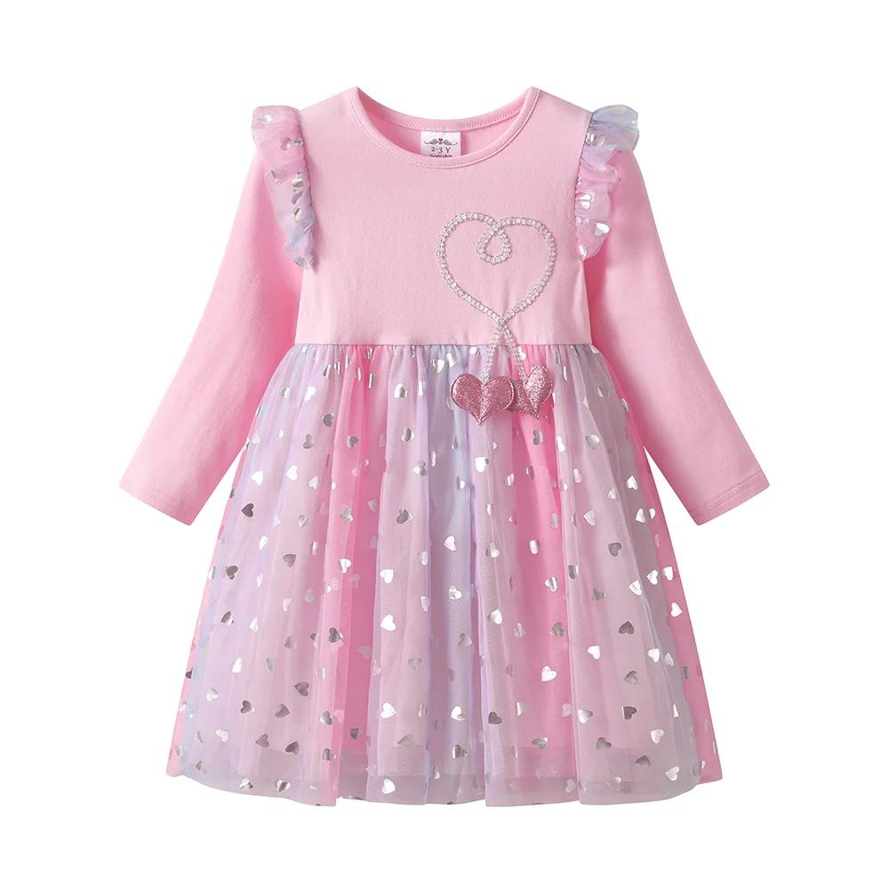 VIKITA fille manches évasées automne printemps robe rose enfants coeur forme maille Tulle princesse 
