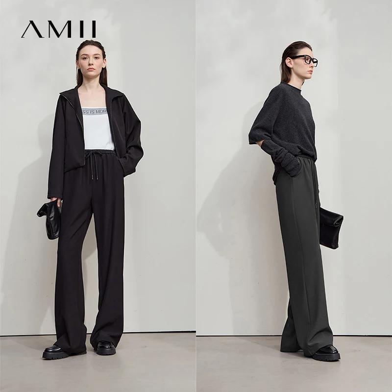 AMII 2025 automne femmes pantalon ample décontracté à lacets élastique jambe large pantalon droit so