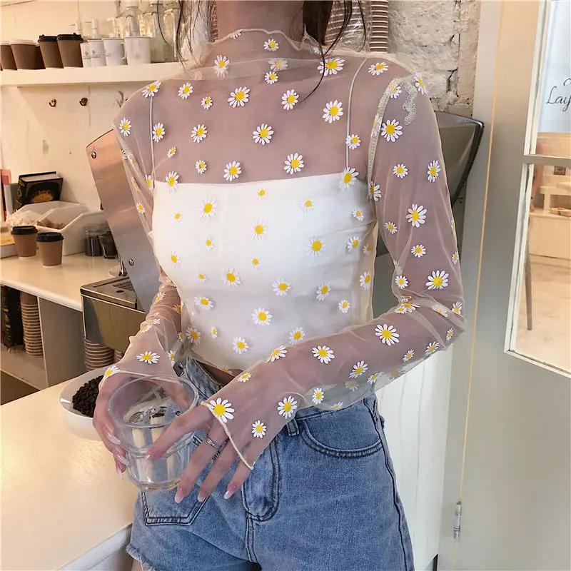 T-Shirt en maille ajourée pour femme, haut court à motif de fleur de marguerite, sexy, Transparent, 