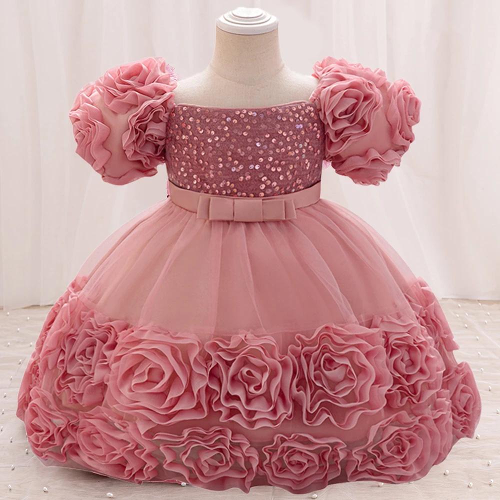 Robes à fleurs à paillettes pour petites filles, en dentelle, pour mariage, noël, fête de 1er annive