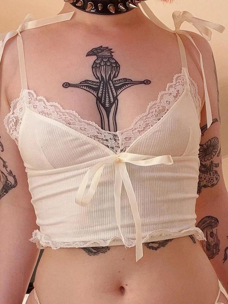 Haut court en dentelle pour femmes, imprimé, nœud blanc, mignon, doux, Mini gilet tricoté, basique, 