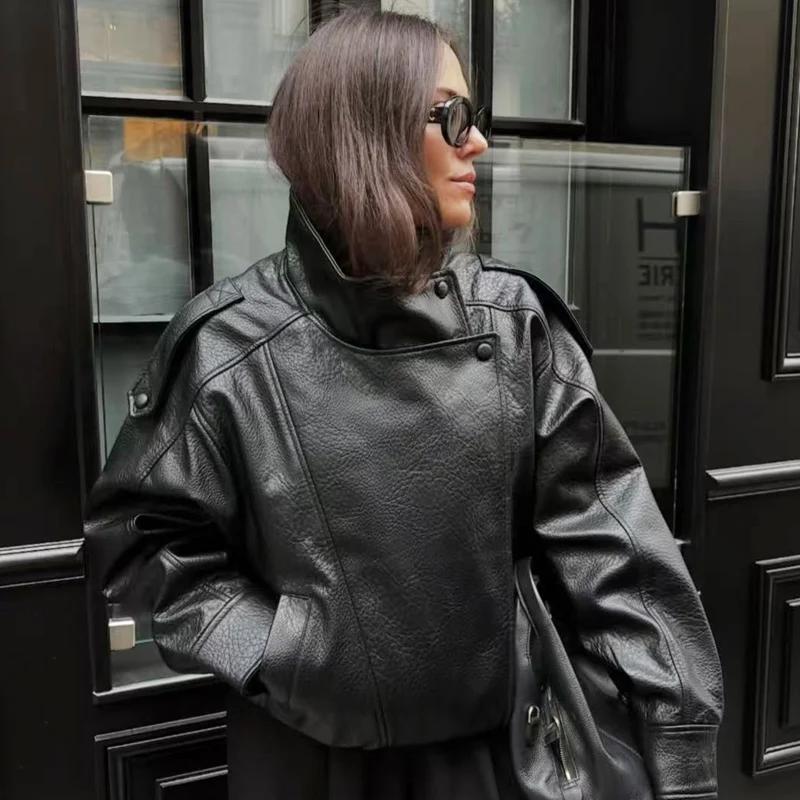 HXAO Veste bombardier asymétrique en simili cuir pour femme, courte, noire, surdimensionnée, à la mo