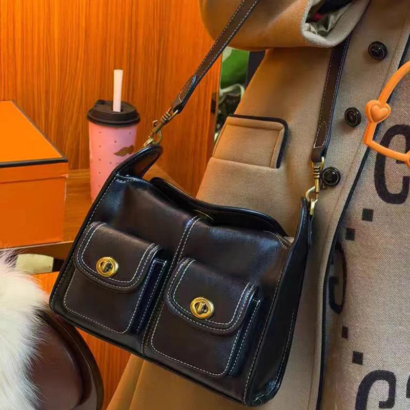 Sac à bandoulière Hobo de marque à double poche, sac sous le bras en cuir huilé haut de gamme pour f