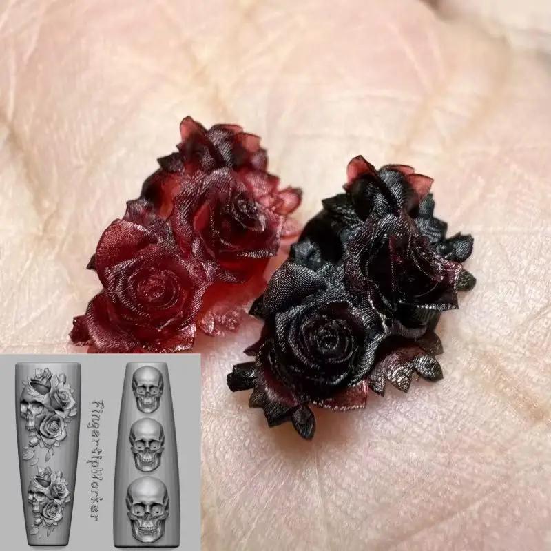 Moules en Silicone pour Nail Art, crâne de fleur de Rose, bricolage, squelette, conception à la main
