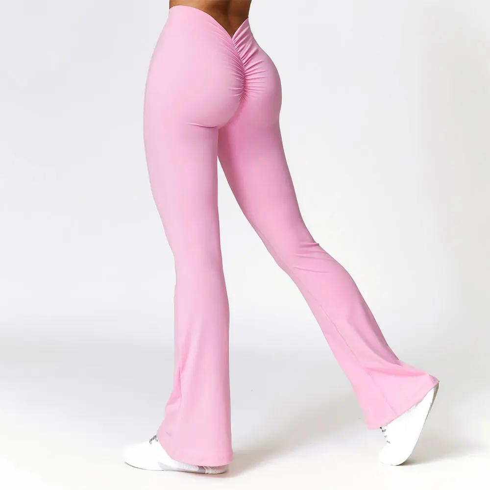 Pantalons de Yoga de hanche en forme de V Leggings évasés femmes taille haute pantalons à jambes lar