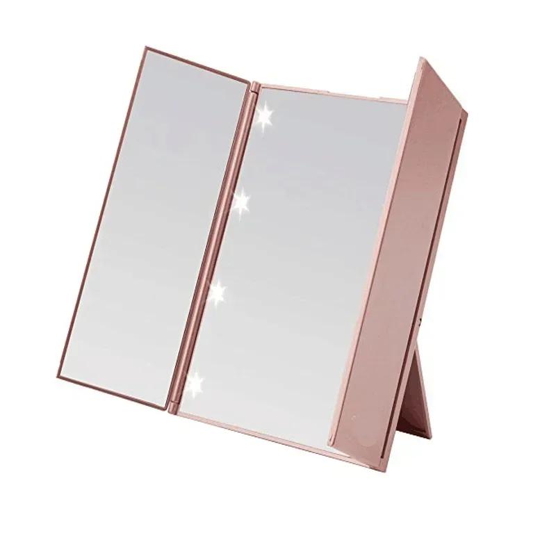 Miroir de maquillage Portable à trois côtés LED, Design pliable, miroir cosmétique de vanité de voya