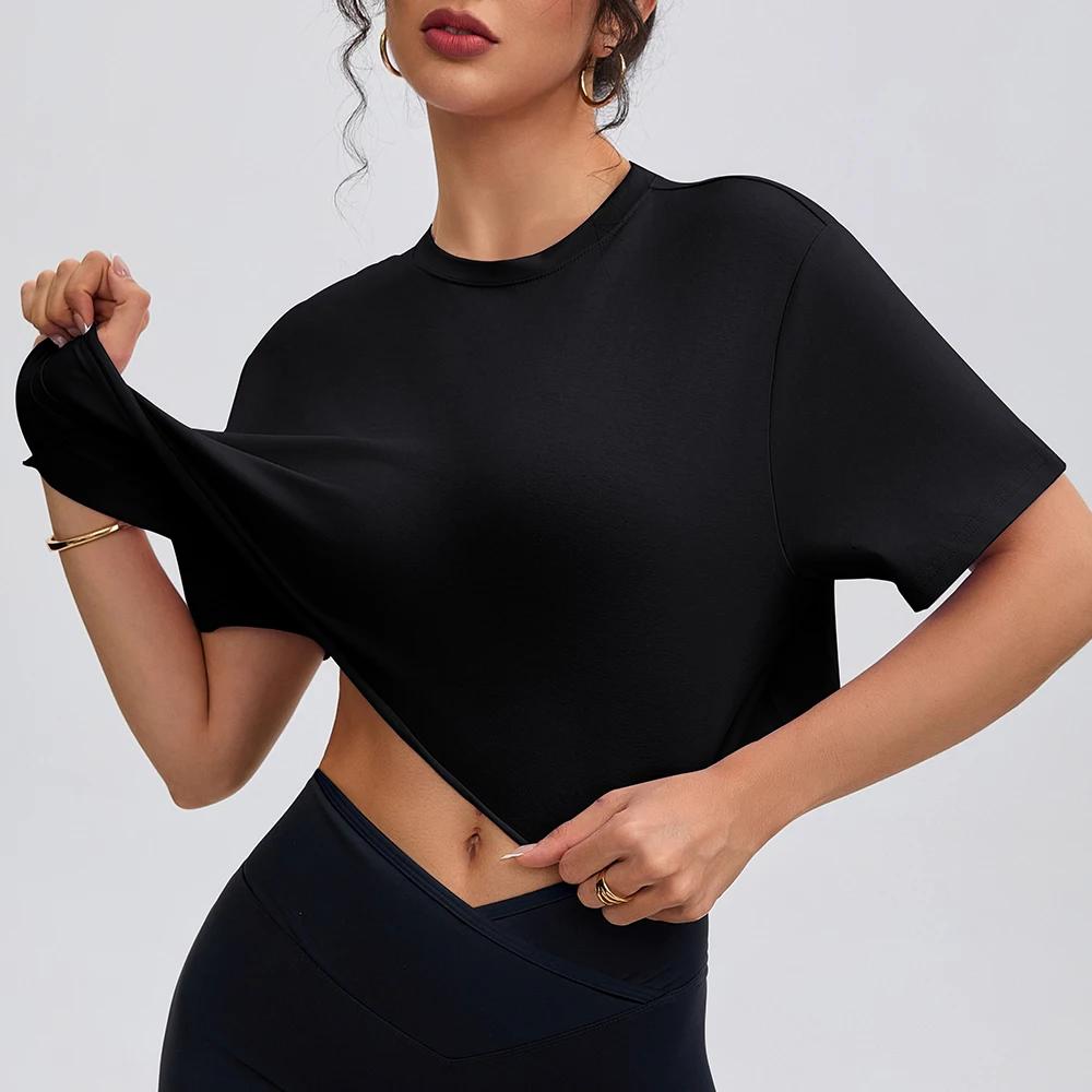 Anfilia femmes mode chemises de Yoga coupe ample col rond manches courtes 95% coton respirant gymnas