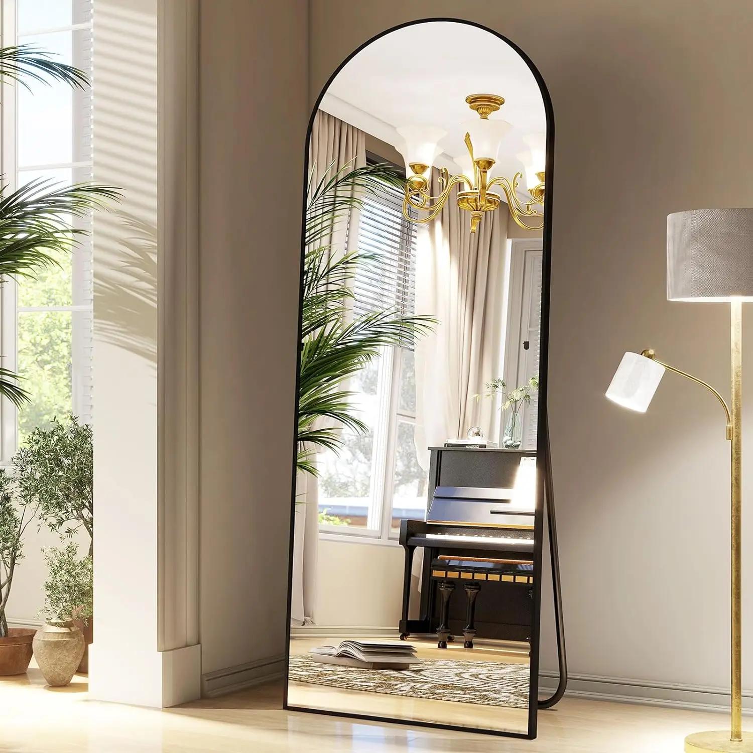 Miroir de sol en arc de 65 po x 24 po, miroir mural pleine longueur avec support – Cadre en alliage 