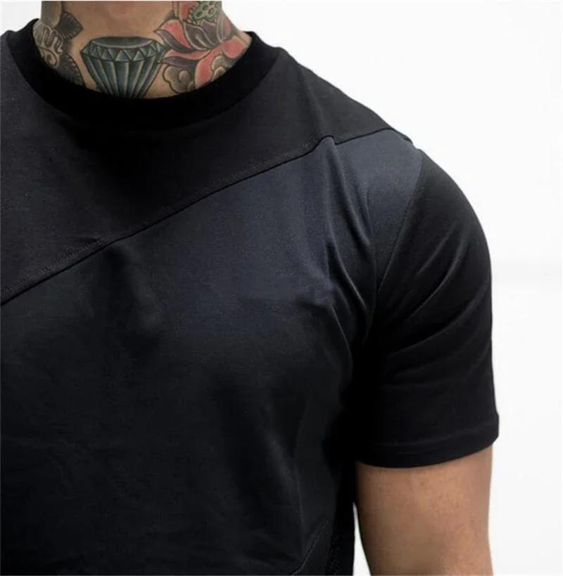 T-shirts de course unis hommes décontracté coton Patchwork maille chemises Sumemr vêtements de sport
