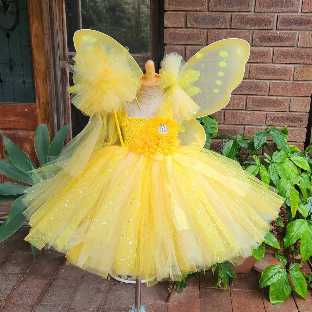 Robe Tutu à paillettes violettes pour filles, tenue Tutu féerique de fleurs avec aile de papillon et