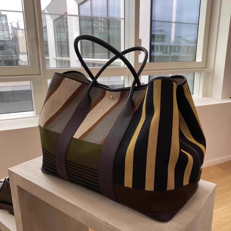 Sac fourre-tout de luxe en toile rayée avec bordure en cuir et poignées roulées, grand sac de course